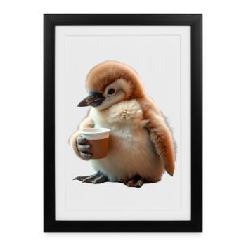 Baby Pesto Pinguin liebt es Kaffee zu trinken - Gerahmtes Poster (27 × 37 cm) - Schwarz - Vorne