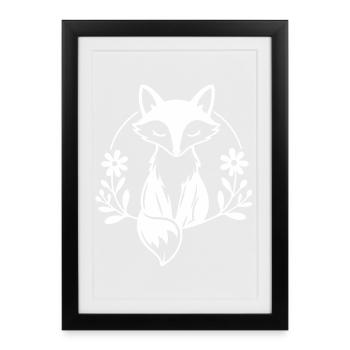 Renard serein avec couronne florale Nature Line Art - Affiche encadrée (27 × 37 cm) - noir - Devant