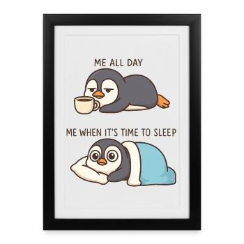 Dessin animé drôle de Pingouin Amant du café - Affiche encadrée (27 × 37 cm) - noir - Devant