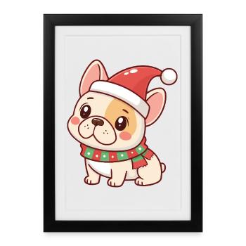Chiot Noël en bonnet rouge - Affiche encadrée (27 × 37 cm) - noir - Devant