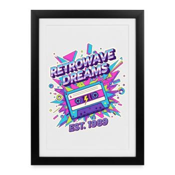 Retrowave Dreams – Design vintage cassette des années 80 - Affiche encadrée (27 × 37 cm) - noir - Devant