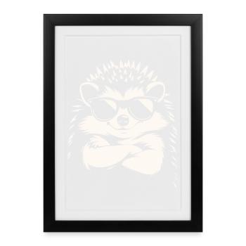 Cooler Igel mit Sonnenbrille | Lustiges Tier Motiv - Gerahmtes Poster (27 × 37 cm) - Schwarz - Vorne