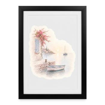 Tranquillité du port – Petite embarcation à la lumière du matin - Affiche encadrée (27 × 37 cm) - noir - Devant