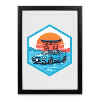 Emblème hexagonal rétro JDM R34 Torii Gate Japan des années 90 - Affiche encadrée (27 × 37 cm) - noir - Devant