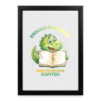 Endlich Schulkind Aquarell Dino mit Buch - grün  - Gerahmtes Poster (27 × 37 cm) - Schwarz - Vorne