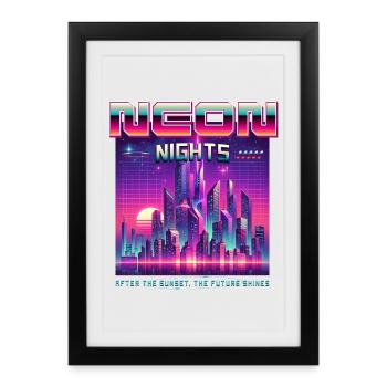 Neon Nights Synthwave Retro 80s Skyline Geschenk - Gerahmtes Poster (27 × 37 cm) - Schwarz - Vorne