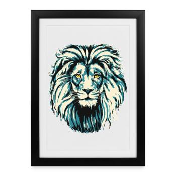 Tête de lion avec crinière - Lion en bleu - Chat sauvage - Affiche encadrée (27 × 37 cm) - noir - Devant