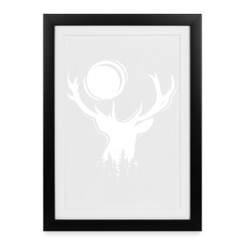 Elch Symbol Mond Hirsch Abend Wald Icon Grafik - Gerahmtes Poster (27 × 37 cm) - Schwarz - Vorne