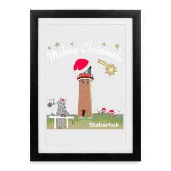 Weihnachten Leuchtturm Staberhuk Fehmarn, Wolf - Gerahmtes Poster (27 × 37 cm) - Schwarz - Vorne