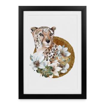 Léopard avec or et fleurs - Affiche encadrée (27 × 37 cm) - noir - Devant