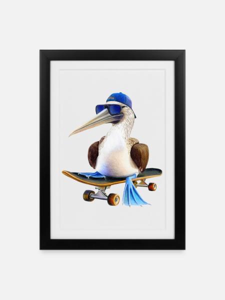 Blaufußtölpel Skateboard - Gerahmtes Poster (27 × 37 cm) - Schwarz