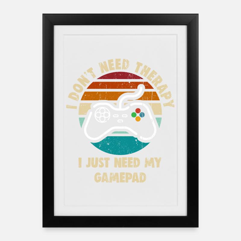 Thérapie par manette de jeu Retro Sunset - Affiche encadrée (27 × 37 cm) - noir