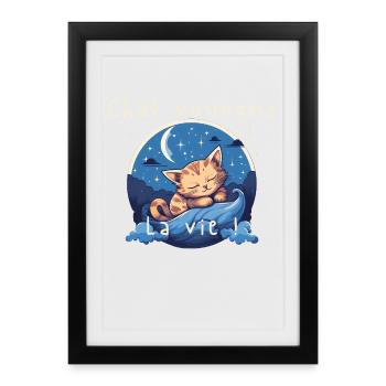 Chaton rêveur sur vague nocturne - Affiche encadrée (27 × 37 cm) - noir - Devant