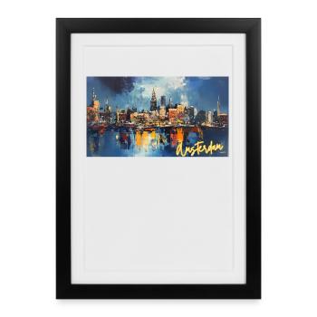 Amsterdam Nuit Bleue Skyline Abstrait - Affiche encadrée (27 × 37 cm) - noir - Devant