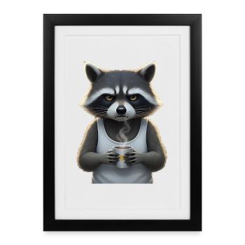 Grim raccoon with coffee cartoon humor - Framed poster (27 × 37 cm) - black - Front