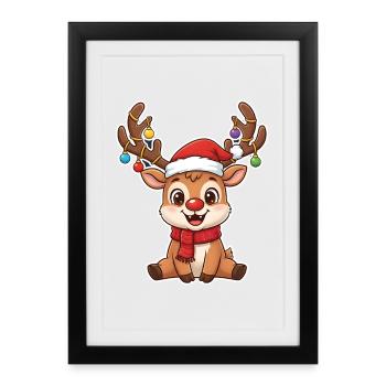 Motif de Noël drôle de dessin animé renne rouge au nez rouge - Affiche encadrée (27 × 37 cm) - noir - Devant