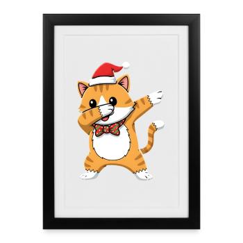 Süße Dabbing Katze mit Weihnachtsmütze Cartoon - Gerahmtes Poster (27 × 37 cm) - Schwarz - Vorne