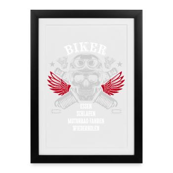 Motard - Mange - Dors - Fais de la moto - Affiche encadrée (27 × 37 cm) - noir - Devant
