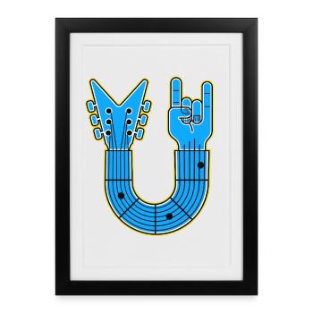 Guitare en U bleue avec main rock - Affiche encadrée (27 × 37 cm) - noir - Devant