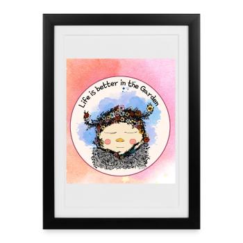 La vie est meilleure dans le jardin – Nain aux fleurs - Affiche encadrée (27 × 37 cm) - noir - Devant