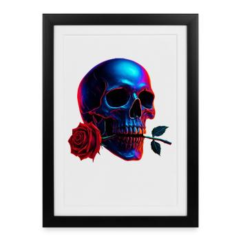 Motif de crâne Dark Art Art Néon Skull Rose - Affiche encadrée (27 × 37 cm) - noir - Devant