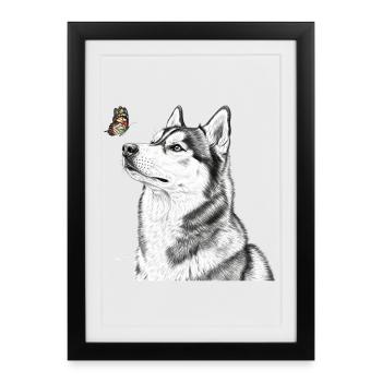 Husky avec motif papillon de style Banksy - Affiche encadrée (27 × 37 cm) - noir - Devant