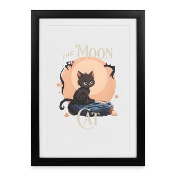 Chat mignon sur la lune – Design de chat mystique - Affiche encadrée (27 × 37 cm) - noir - Devant