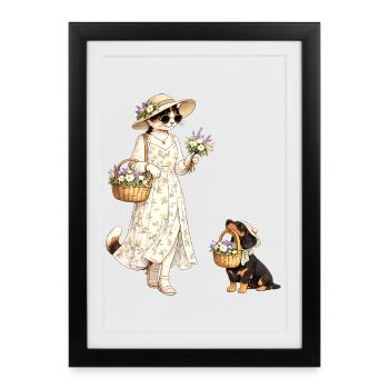 Blumenkatze & Dackel im Cottagecore-Stil - Gerahmtes Poster (27 × 37 cm) - Schwarz - Vorne