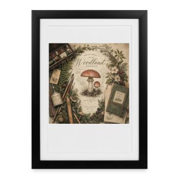 Illustration de champignons Affiche rétro murale de décoration forestière - Affiche encadrée (27 × 37 cm) - noir - Devant