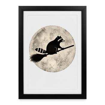 Raccoon on broom before full moon Halloween Funny - Framed poster (27 × 37 cm) - black - Front