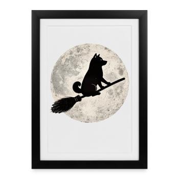 Shiba Inu Balai de la Sorcière Pleine Lune T-shirt Halloween - Affiche encadrée (27 × 37 cm) - noir - Devant