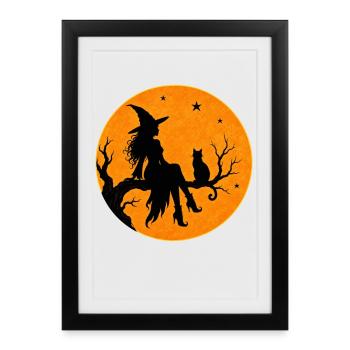 Sorcière d’Halloween avec un motif de t-shirt de chat en pleine lune - Affiche encadrée (27 × 37 cm) - noir - Devant