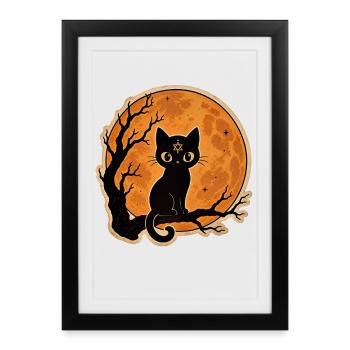 Chat noir devant une pleine lune Motif d’Halloween - Affiche encadrée (27 × 37 cm) - noir - Devant