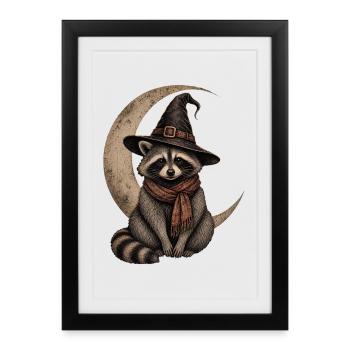 Raton laveur d’Halloween avec croissant de lune et chapeau de sorcière - Affiche encadrée (27 × 37 cm) - noir - Devant