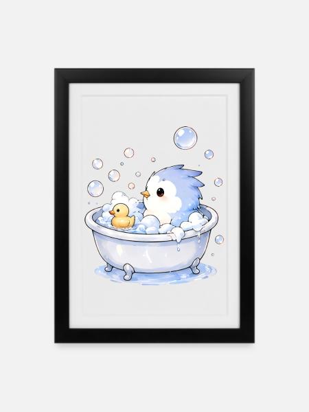 Pieps badet - Gerahmtes Poster (27 × 37 cm) - Schwarz