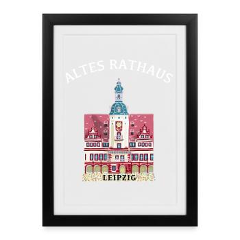 Leipzig, hôtel de ville historique emblématique, Saxe - Affiche encadrée (27 × 37 cm) - noir - Devant