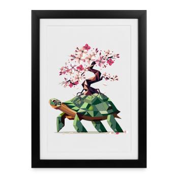 Turtle with Blooming Cherry Blossom Bonsai - Framed poster (27 × 37 cm) - black - Front