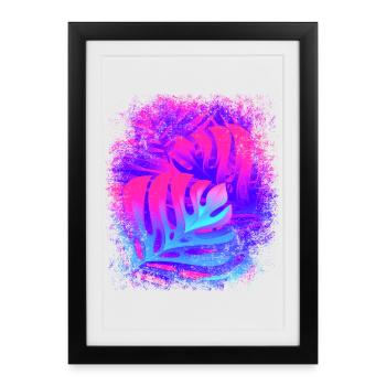Motif Végétal Monstera Fougère Feuilles Néon Rouge Bleu - Affiche encadrée (27 × 37 cm) - noir - Devant