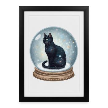 Cosmic Cat in Snow Globe Schneekugel Katze - Framed poster (27 × 37 cm) - black - Front