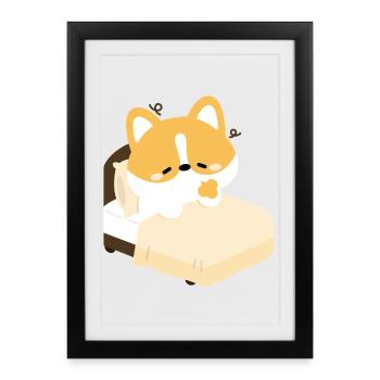Corgi fatigué sur le lit - Affiche encadrée (27 × 37 cm) - noir - Devant