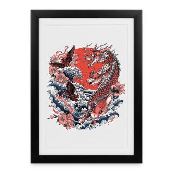 Koi, Vagues et Fleurs de cerisier - Affiche encadrée (27 × 37 cm) - noir - Devant