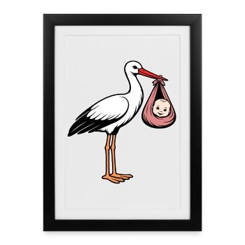 Stork with baby in cloth pink - Framed poster (27 × 37 cm) - black - Front