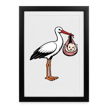 Cigogne avec Bébé Paix en tissu rose - Affiche encadrée (27 × 37 cm) - noir - Devant
