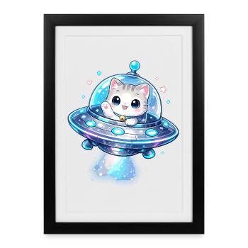 Kawaii Cats UFO Space Friend - Affiche encadrée (27 × 37 cm) - noir - Devant