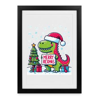 Joyeuses rexmas, dinoNoël pour les amateurs de dinosaures - Affiche encadrée (27 × 37 cm) - noir - Devant