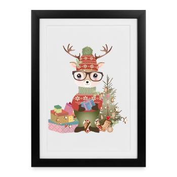 Deer with Christmas presents, glasses and hat - Framed poster (27 × 37 cm) - black - Front