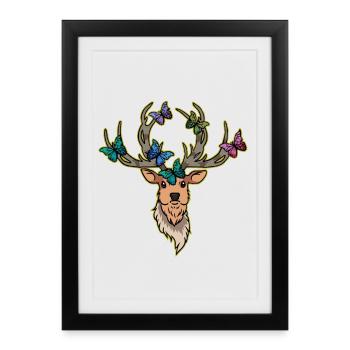 Cerf Papillons Cerf Tête Printemps - Affiche encadrée (27 × 37 cm) - noir - Devant