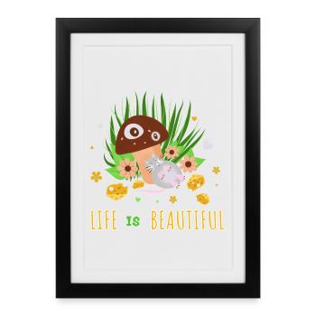 Conception fantaisiste d’un jardin de champignons et de chats - Affiche encadrée (27 × 37 cm) - noir - Devant