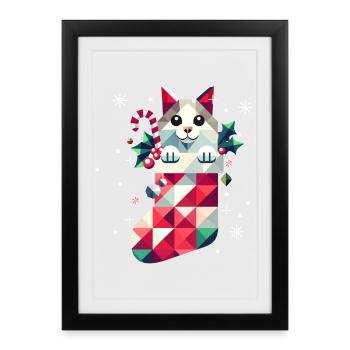 Cute cat in a colorful Christmas stocking - Framed poster (27 × 37 cm) - black - Front