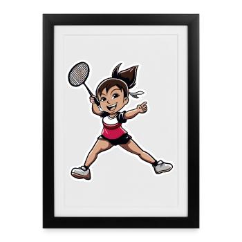 Dessin animé du joueur de badminton - Affiche encadrée (27 × 37 cm) - noir - Devant